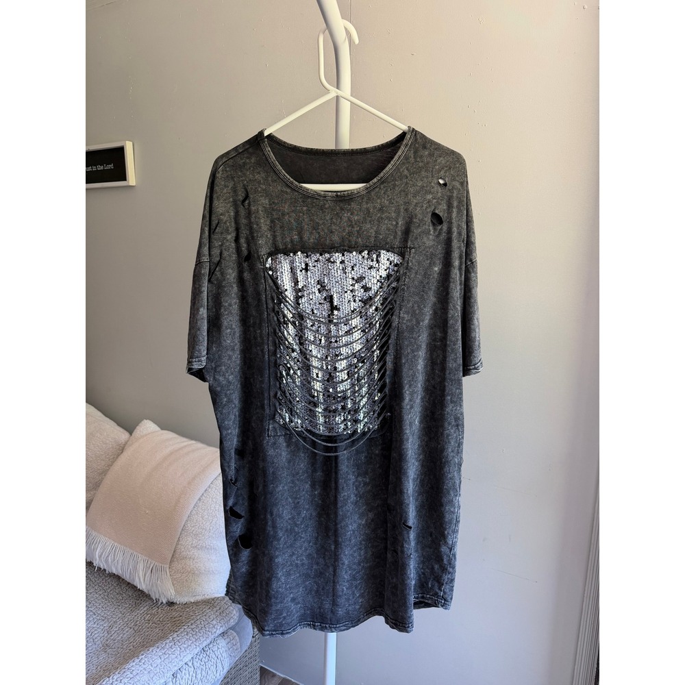 T-Shirt Dress Womens OS Charcoal Good Acid Wash Sequin Distressed Edgy